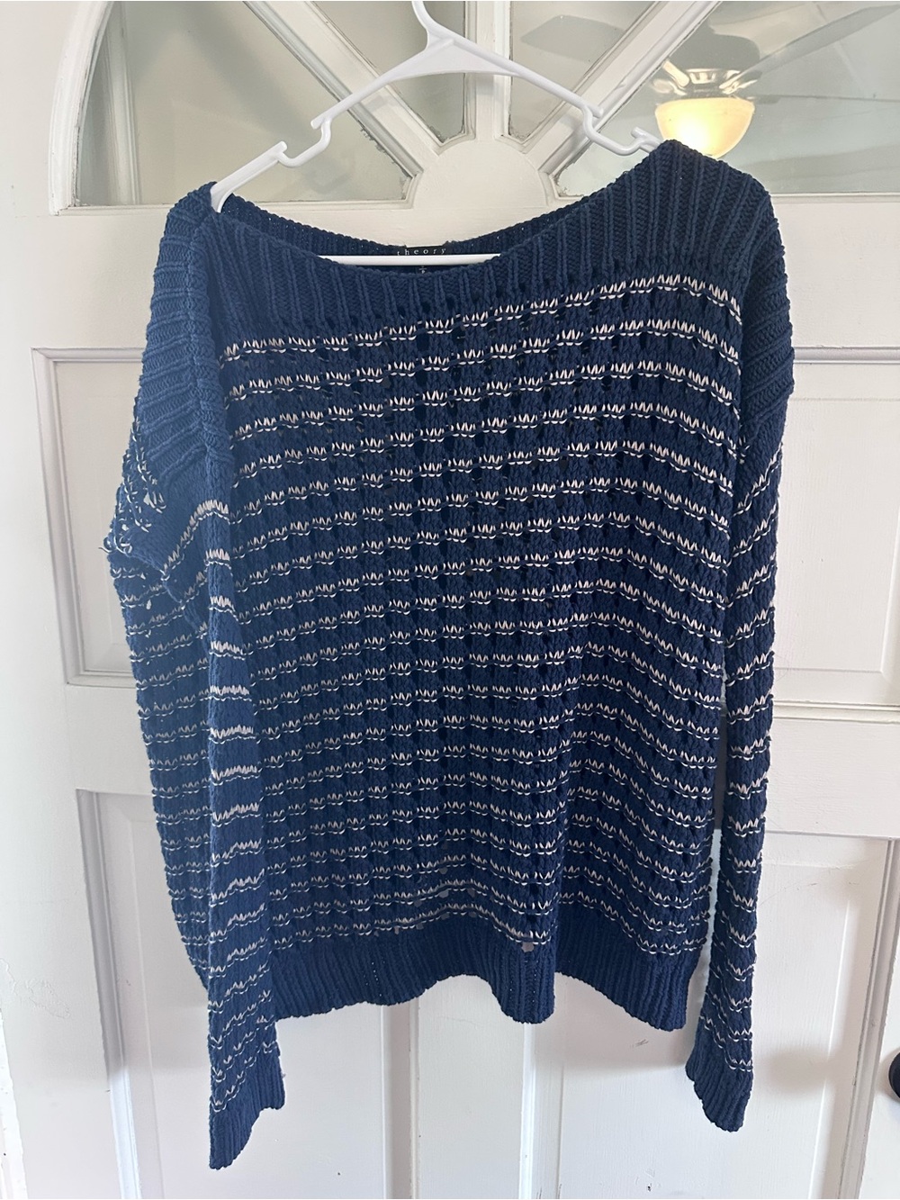 Theory Navy and White Striped Knit Boatneck Sweater